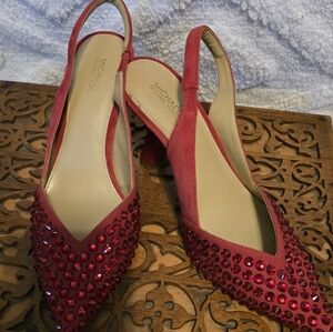 Michael Kors Chelsea S 8.5 Rhinestone Embellished Suede Slingback Pumps Crimson